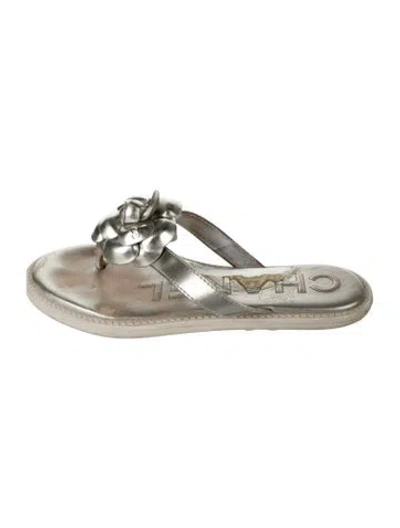 Pre-owned Chanel 2016 Interlocking Cc Logo Flip Flops In Metallic/silver
