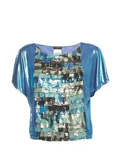 Pre-owned Chanel 2016 Lace-panelled Fringed Blouse In Blue