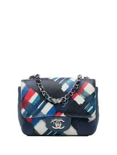 Pre-owned Chanel 2016 Mini Square Classic Printed Lambskin Airlines Flap Crossbody Bag In Blue