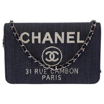 Pre-owned Chanel 2016 Navy Blue Denim Wallet On Chain Bag With Silver Hardware