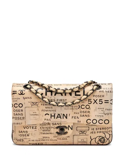 Pre-owned Chanel 2016 Newspaper Double Flap Shoulder Bag In Neutrals