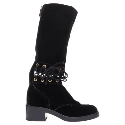 Pre-owned Chanel 2016 Runway Black Velvet Cc Cap Toe First Corset Laced Riding Boots Eu37