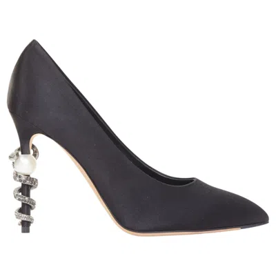 Pre-owned Chanel 2016 Runway Serpent Pearl Satin Cc Pearl Crystal Snake Heel Pump Eu38 In Black