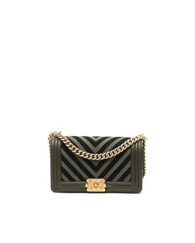 Pre-owned Chanel 2016 Tweed Chevron Boy Bag In Green