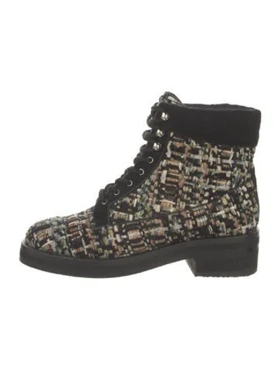 Pre-owned Chanel 2016 Tweed Pattern Combat Boots In Black