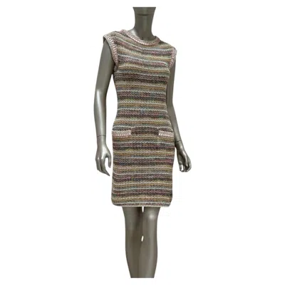Pre-owned Chanel 2016/17 Cuba Collection Multicolor Knit Mini Dress Sz.34 Fitted In Gray