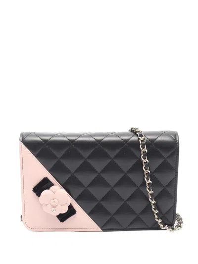 Pre-owned Chanel 2016-2017 Bicolor Quilted Lambskin Camellia Wallet On Chain Crossbody Bag In Black