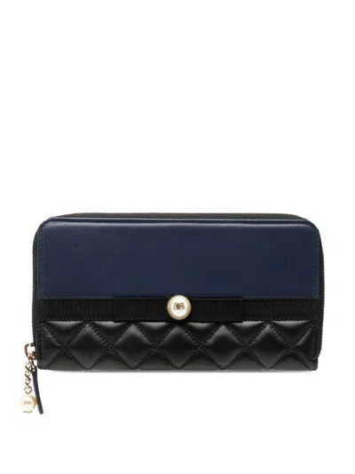 Pre-owned Chanel 2016-2017 Bicolor Quilted Lambskin Faux Pearl Ribbon Wallet Long Wallets In Black