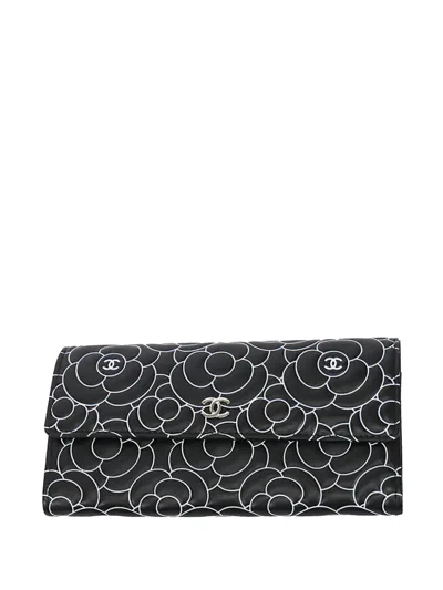 Pre-owned Chanel 2016-2017 Camellia Leather Wallet Long Wallets In Black