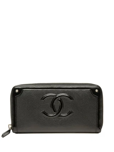 Pre-owned Chanel 2016-2017 Cc Caviar And Patent Zip Around Wallet Long Wallets In Black