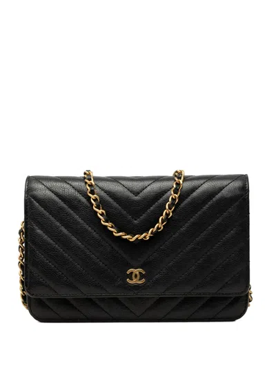 Pre-owned Chanel 2016-2017 Cc Chevron Calfskin Wallet On Chain Crossbody Bag In Black