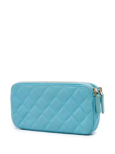 Pre-owned Chanel 2016-2017 Cc Lambskin Double Zip Wallet On Chain Crossbody Bag In Blue