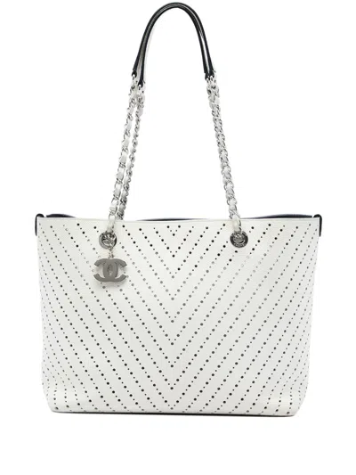 Pre-owned Chanel 2016-2017 Cc Perforated Chevron Caviar Shopping Tote Bag In White
