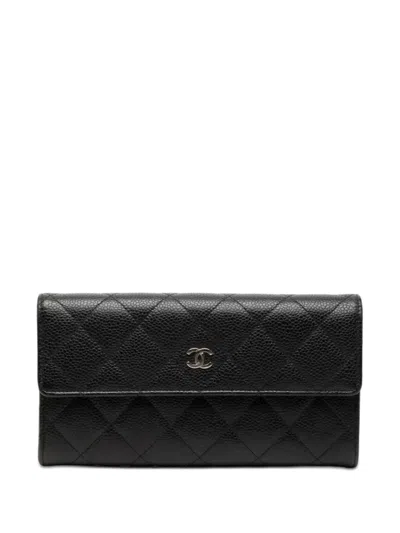Pre-owned Chanel 2016-2017 Cc Quilted Caviar Flap Wallet Long Wallets In Black