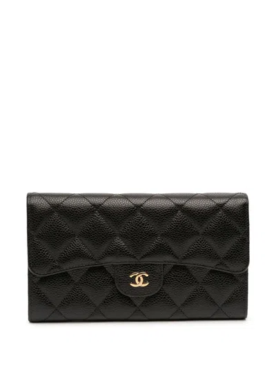 Pre-owned Chanel 2016-2017 Cc Quilted Caviar Trifold Flap Wallet Long Wallets In Black