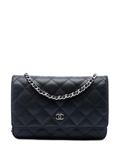 Pre-owned Chanel 2016-2017 Cc Quilted Caviar Wallet On Chain Crossbody Bag In Black