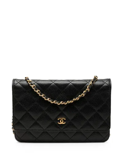 Pre-owned Chanel 2016-2017 Cc Quilted Caviar Wallet On Chain Crossbody Bag In Black
