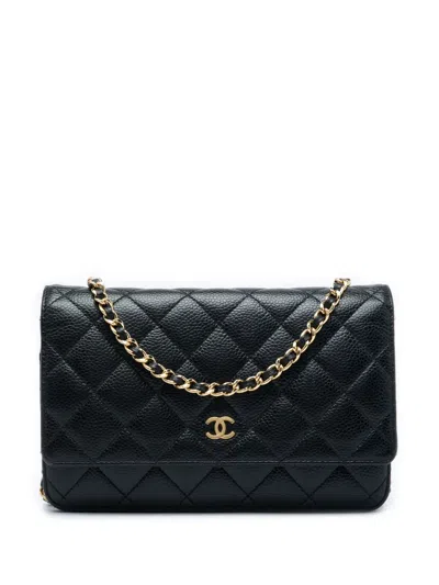 Pre-owned Chanel 2016-2017 Cc Quilted Caviar Wallet On Chain Crossbody Bag In Black