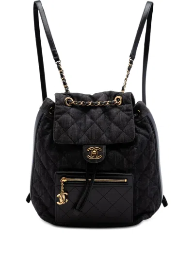 Pre-owned Chanel 2016-2017 Cc Quilted Denim And Calfskin Backpack In Gray