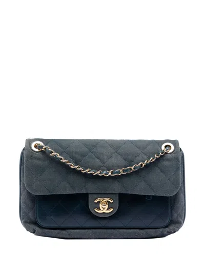 Pre-owned Chanel 2016-2017 Cc Quilted Denim And Calfskin Front Pocket Single Flap Crossbody Bag In Blue