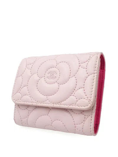 Pre-owned Chanel 2016-2017 Cc Quilted Lambskin Camellia Trifold Compact Wallet Small Wallets In Pink