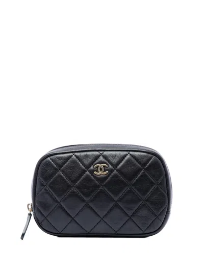 Pre-owned Chanel 2016-2017 Cc Quilted Lambskin Curvy Cosmetic Case Pouch In Black