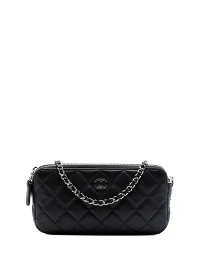 Pre-owned Chanel 2016-2017 Cc Quilted Lambskin Double Zip Clutch With Chain Crossbody Bag In Black