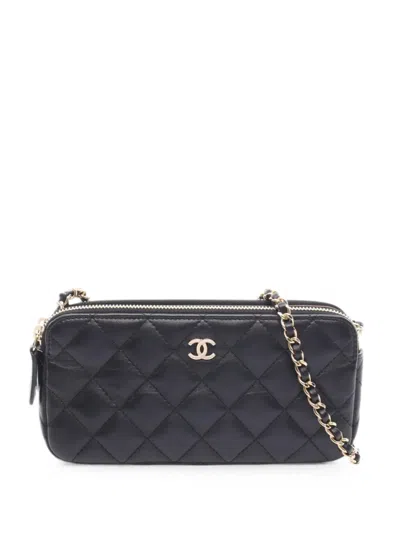 Pre-owned Chanel 2016-2017 Cc Quilted Lambskin Double Zip Clutch With Chain Crossbody Bag In Black