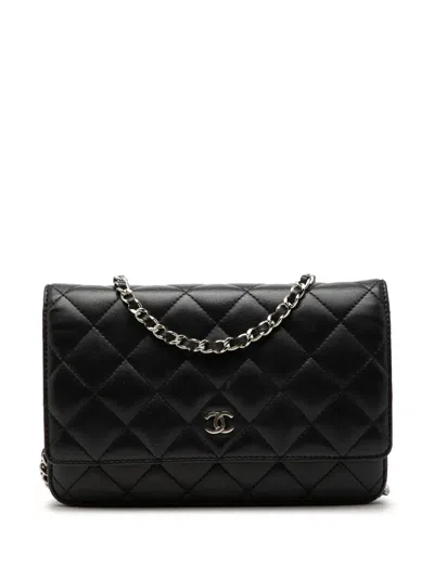 Pre-owned Chanel 2016-2017 Cc Quilted Lambskin Wallet On Chain Crossbody Bag In Black