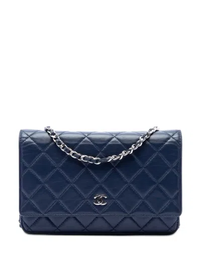Pre-owned Chanel 2016-2017 Cc Quilted Lambskin Wallet On Chain Crossbody Bag In Blue