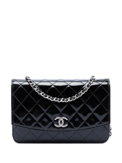 Pre-owned Chanel 2016-2017 Cc Quilted Patent Brilliant Wallet On Chain Crossbody Bag In Black
