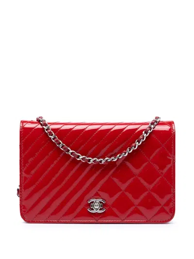 Pre-owned Chanel 2016-2017 Cc Quilted Patent Coco Boy Wallet On Chain Crossbody Bag In Red
