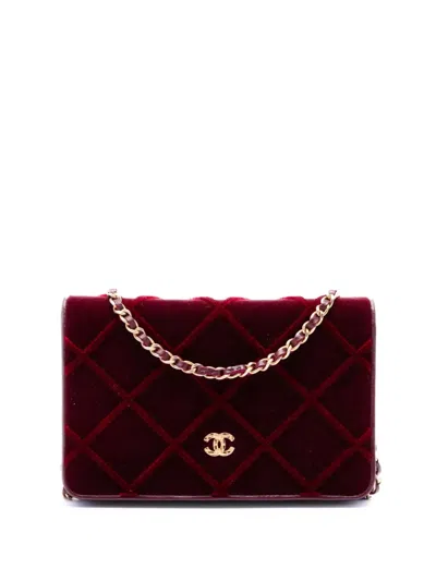 Pre-owned Chanel 2016-2017 Cc Quilted Velvet Wallet On Chain Crossbody Bag In Red