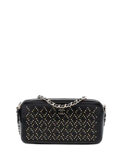 Pre-owned Chanel 2016-2017 Cc Studded Lambskin Double Zip Clutch With Chain Crossbody Bag In Black