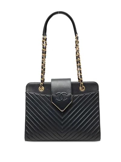 Pre-owned Chanel 2016-2017 Chevron Calfskin Collar And Tie Tote Bag In Blue