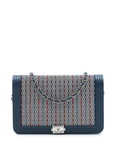 Pre-owned Chanel 2016-2017 Crystal Embellished Lambskin Boy Wallet On Chain Crossbody Bag In Blue