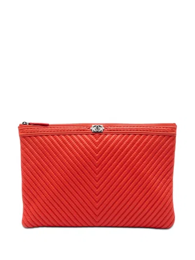 Pre-owned Chanel 2016-2017 Large Chevron Lambskin Double Stitch Boy O Case Clutch Bag In Red