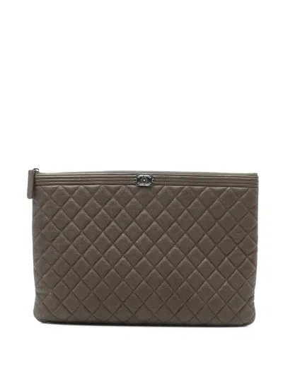 Pre-owned Chanel 2016-2017 Large Quilted Caviar Boy O Case Clutch Bag In Brown