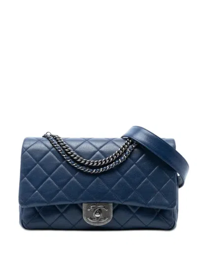 Pre-owned Chanel 2016-2017 Large Quilted Goatskin Double Carry Waist Chain Flap Satchel In Blue