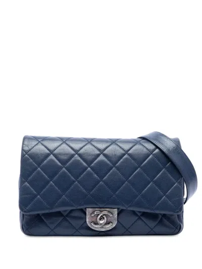 Pre-owned Chanel 2016-2017 Large Quilted Goatskin Double Carry Waist Chain Flap Satchel In Blue