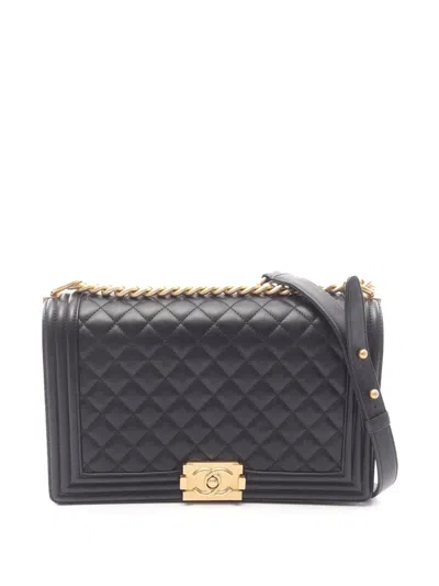 Pre-owned Chanel 2016-2017 Large Quilted Lambskin Boy Flap Crossbody Bag In Black