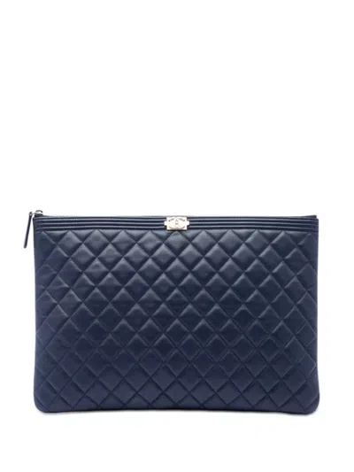 Pre-owned Chanel 2016-2017 Large Quilted Lambskin Boy O Case Clutch Bag In Blue