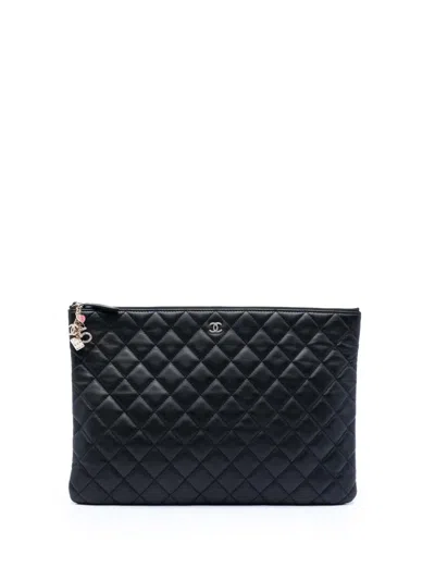 Pre-owned Chanel 2016-2017 Large Quilted Lambskin Casino Charms O Case Clutch Bag In Black