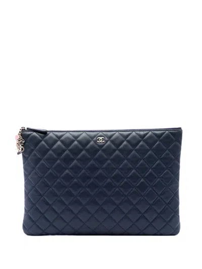 Pre-owned Chanel 2016-2017 Large Quilted Lambskin Casino Charms O Case Clutch Bag In Blue