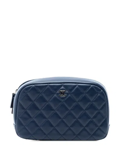 Pre-owned Chanel 2016-2017 Large Quilted Lambskin Curvy Cosmetic Pouch In Blue