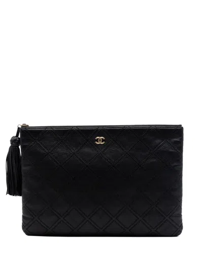 Pre-owned Chanel 2016-2017 Large Quilted Lambskin Double Stitch Tassel O Case Clutch Bag In Black