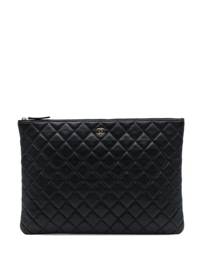 Pre-owned Chanel 2016-2017 Large Quilted Lambskin O Case Clutch Bag In Black