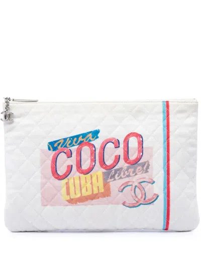 Pre-owned Chanel 2016-2017 Large Quilted Printed Canvas Coco Cuba Libre O Case Clutch Bag In White
