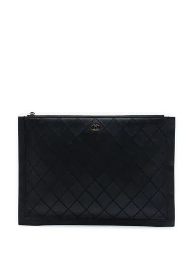 Pre-owned Chanel 2016-2017 Large Quilted Stitched Calfskin Zip Pouch Clutch Bag In Black