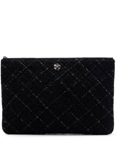 Pre-owned Chanel 2016-2017 Large Quilted Tweed And Lambskin Camellia O Case Clutch Bag In Black